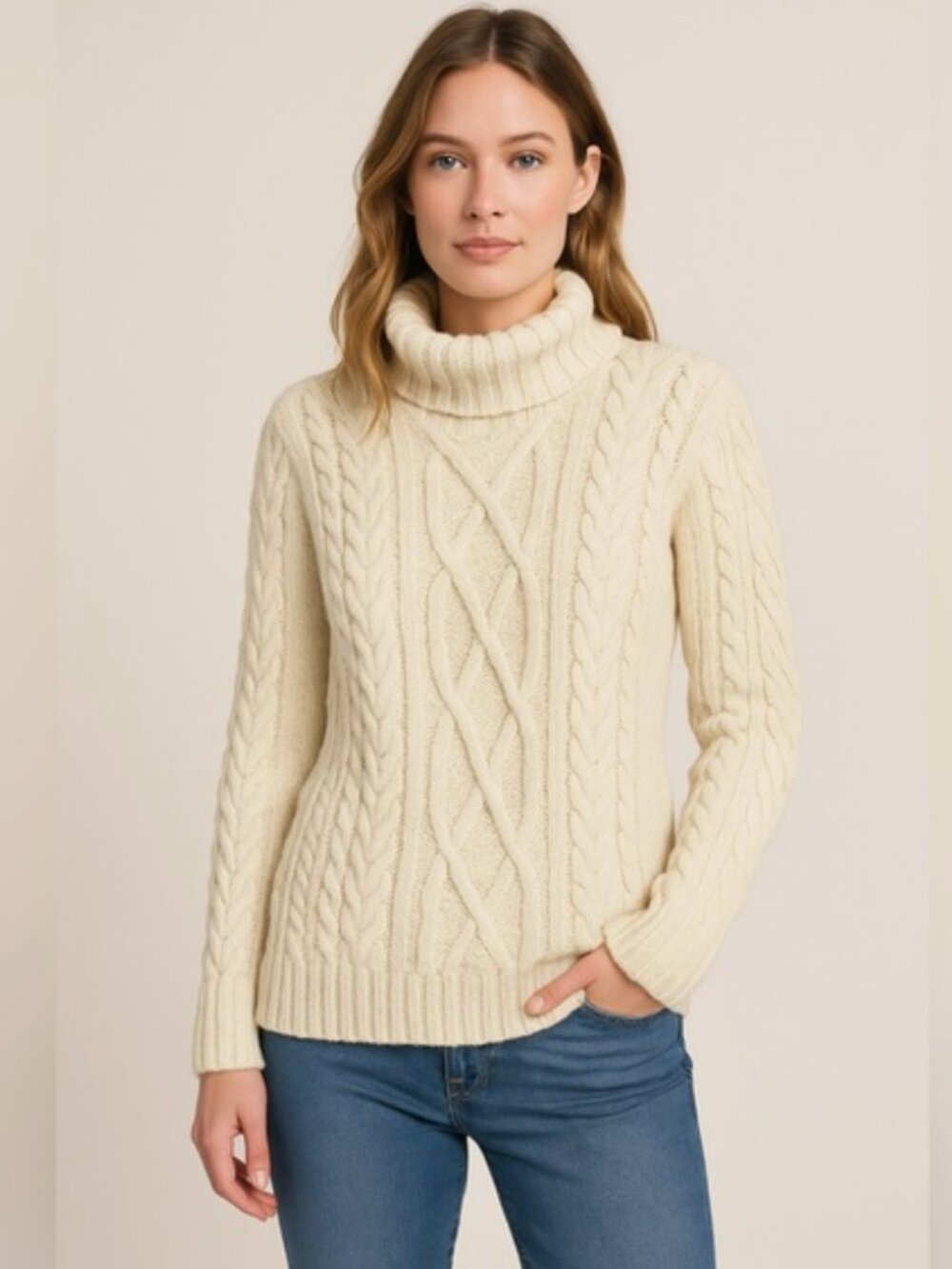 Inis Crafts 100% Merino Wool Cable Knit Sweater Large Cream Irish Fisherman Chun